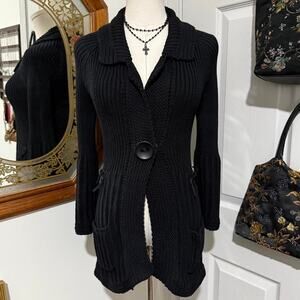 Shae Black Ribbed Knit Collared Long Sleeve Snap Button Cardigan Sweater M